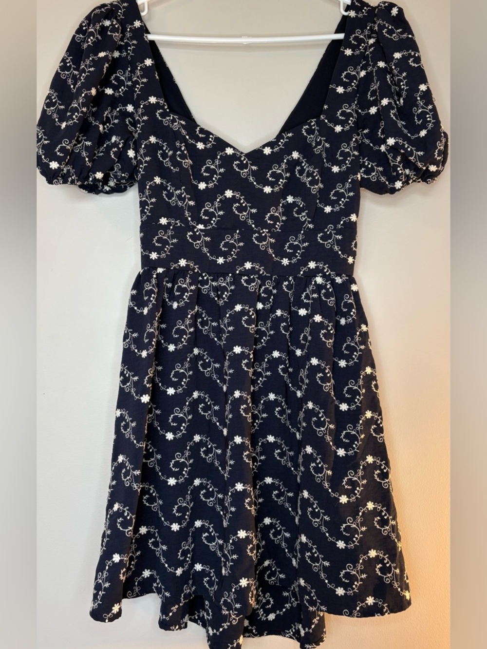 Navy Floral Puff-Sleeve Tie-back  Dress